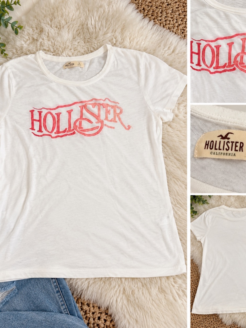 Hollister White Short-Sleeve Tee with Pink Logo
